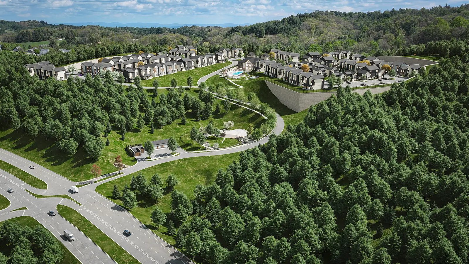 公寓占地 40 英亩的项目场地及别墅式公寓街区效果图。